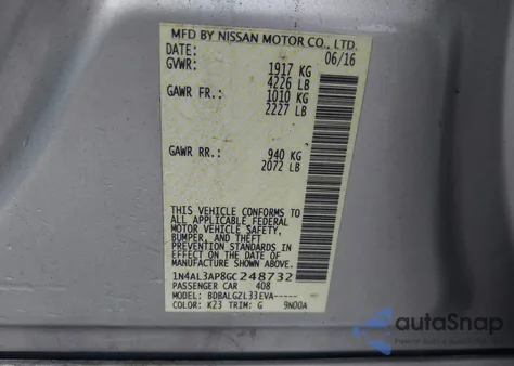 2016 Nissan Altima 2.5/S/Sv/Sl/Sr z USA, uszkodzony, nr VIN 1N4AL3AP8GC248732